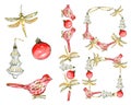 Big watercolor elegant christmas collection from christmas toys red ball, gold dragonfly, white tree . New year toys Royalty Free Stock Photo