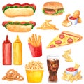 Big watercolor fastfood clipart set Royalty Free Stock Photo