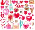 Big watercolor set for Valentine`s day. Lips, heart, love, candy, cake, letter, gift and other cute hand drawn elements Royalty Free Stock Photo