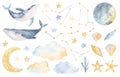 Big watercolor set with whales, constellations, moon, stars, clouds. Hand made illustrations clip art. Design, baby