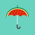 Big watermelon slice cut with seed. Umbrella shape. Flat design icon Summer autumn fall time. . Blue sky background Royalty Free Stock Photo