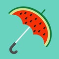 Big watermelon slice cut with seed. Umbrella shape. Flat design icon Summer autumn fall time. Blue sky background. . Royalty Free Stock Photo