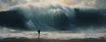 Big wave comming on the beach in front of man