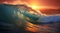 Big wave is crashing into a beautiful sunset inside the waves view