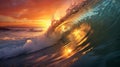 Big wave is crashing into a beautiful sunset inside the waves view