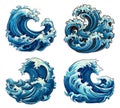 Big wave curls in cartoon style. Sea blue waves barrels surges, ocean turquoise water splashing drawings vector graphics Royalty Free Stock Photo