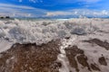 Big wave front with bubbles and splashes