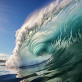 Big wave in the ocean. Raging sea, surfing wave. Landscape of a water whirlpool.