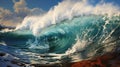 Big wave in the ocean. Raging sea, surfing wave. Landscape of a water whirlpool.