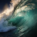 Big wave in the ocean. Raging sea, surfing wave. Landscape of a water whirlpool.