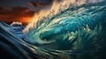 Big wave in the ocean. Raging sea, surfing wave. Landscape of a water whirlpool.