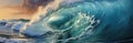 Big wave in the ocean. Raging sea, surfing wave. Landscape of a water whirlpool.