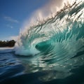 Big wave in the ocean. Raging sea, surfing wave. Landscape of a water whirlpool.