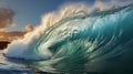 Big wave in the ocean. Raging sea, surfing wave. Landscape of a water whirlpool.