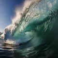 Big wave in the ocean. Raging sea, surfing wave. Landscape of a water whirlpool.