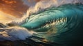 Big wave in the ocean. Raging sea, surfing wave. Landscape of a water whirlpool.