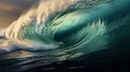 Big wave in the ocean. Raging sea, surfing wave. Landscape of a water whirlpool.