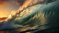 Big wave in the ocean. Raging sea, surfing wave. Landscape of a water whirlpool.