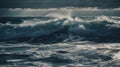 A big wave at the open sea in the afternoon, dark sky, rain and storm is about to come