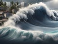 big wave and sea wave in ocean. high quality illustration, tsunami waves attack city