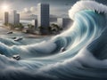 big wave and sea wave in ocean. high quality illustration, tsunami waves attack city