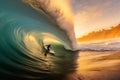 Big wave surfer in a perfect barrel