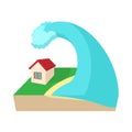 Big wave of tsunami over the house icon