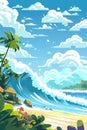big waves and big blue sky puffy clouds travel poster style beach stylized illustration Royalty Free Stock Photo