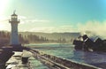 Big waves breaking over Wollongong lighthouse and break wall Royalty Free Stock Photo