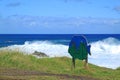 Big waves clashing on Pacific ocean coastline, Hanga Roa town, Easter island, Chile