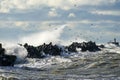 Big waves crash against the harbor breakwater concrete tetrapods during stormy weather Royalty Free Stock Photo