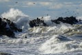 Big waves created during stormy weather crash against the breakwater concrete tetrapods Royalty Free Stock Photo