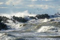 Big waves created during stormy weather crash against the breakwater concrete tetrapods Royalty Free Stock Photo