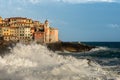 Big waves Mediterranean sea - Tellaro village Liguria Italy Royalty Free Stock Photo