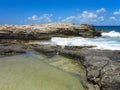 Big waves on rock coast blue sea and sky on Crete Royalty Free Stock Photo