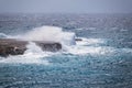 Big waves in the sea during a storm. Beautiful view of big waves in the ocean hitting the rocks with big splashes Royalty Free Stock Photo