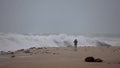 Big waves smash through the breakwater in Costa Brava of Spain, Sant Antoni de Calonge