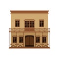 Big western house with wood swinging doors and porch. Two-storey wooden building with balcony. Flat vector icon