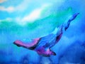 Big whale diving swimming in deep blue ocean sea watercolor painting Royalty Free Stock Photo