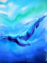 Big whale diving swimming in deep blue ocean sea watercolor painting Royalty Free Stock Photo