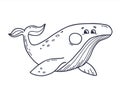 Big Whale in doodle style. Cute Hand drawn sea animal line art for childrens stickers, postcard and coloring book