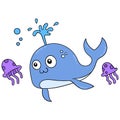 Big whale swimming with jellyfish in the sea, doodle icon image kawaii Royalty Free Stock Photo