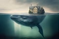 Big whale swimming under water, house on an island on his back, surreal maritime concept, generative AI