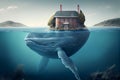 Big whale swimming under water, house on an island on his back, surreal maritime concept, generative AI
