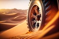 A big wheel of the 4x4 off-road car driving on sand in the desert, illustration ai generative Royalty Free Stock Photo