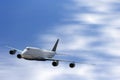 Big white airplane is flying over the clouds Royalty Free Stock Photo