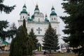 Big white ancient christian church with crosses and green roof Royalty Free Stock Photo