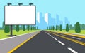 Big white banner by roadside. Road billboard. Urban building. Transport highway. Way to city. Downtown landscape Royalty Free Stock Photo