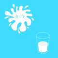 Big white blot with splash. Milk glass. Flat design. Blue background. Royalty Free Stock Photo