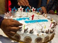 Big White Cake for Celebrating Baby Boy Happy Birthday with awesome decorations in Delhi India, Birthday Party of Baby Boy Royalty Free Stock Photo